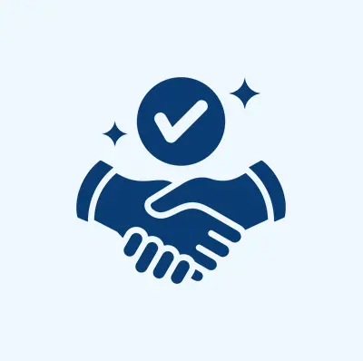 Handshake with checkmark symbol and sparkles.