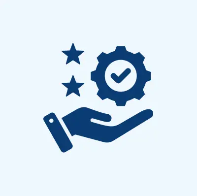 Hand with gear, checkmark, and stars icon.