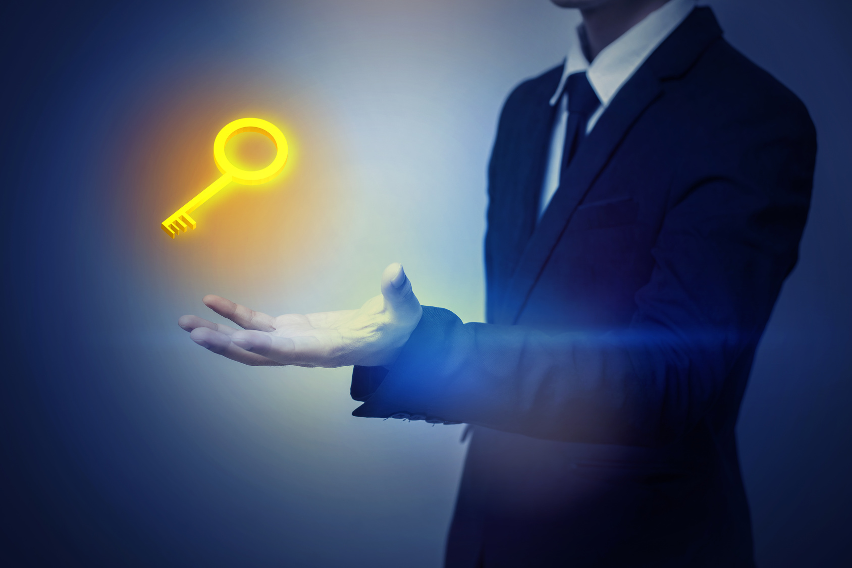 A person wearing a suit with a glowing key floating